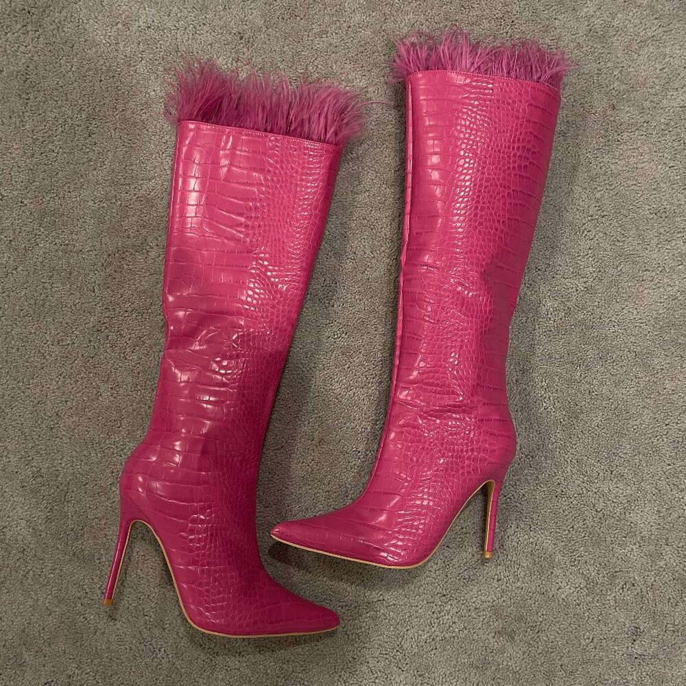 Pink Croc Embossed Feather-Trim Boots